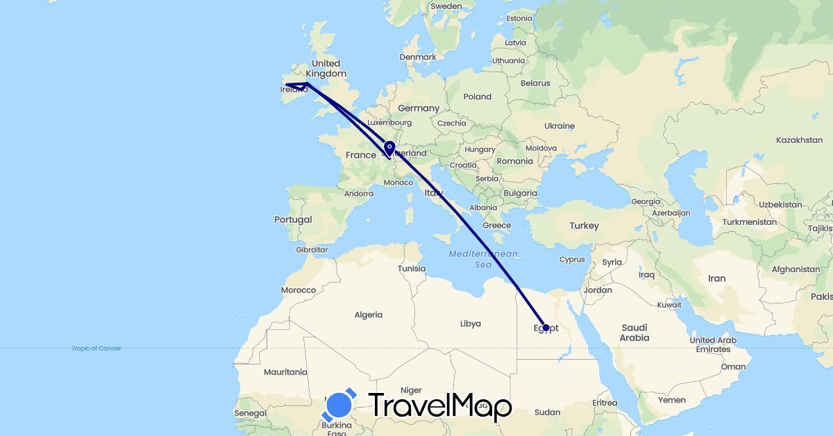 TravelMap itinerary: driving in Switzerland, Egypt, Ireland (Africa, Europe)